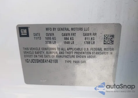 2014 Chevrolet Sonic Lt Auto из США, поврежденный, VIN 1G1JC5SH3E4143108